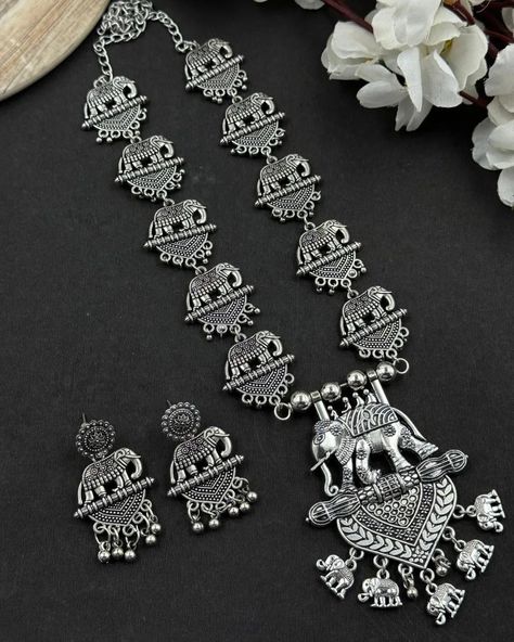 *Beautiful Oxidised Long Necklace Set. Price ₹.460/-* Oxidised Jewellery Necklaces, Khan Fabric, Long Necklace Set, Trendy Jewellery, Diy Fabric Jewellery, Oxidised Silver Jewelry, Fabric Jewellery, Silver Jewellery Online, Jewellery Necklaces