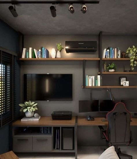 Office Ideas For Men With Tv, Home Computer Room Ideas, Dark Adecamia Room, Small Gaming Office Ideas, Home Office Decor For Men Ideas, Home Office For Men Modern, Gaming Office Setup, Ideas Cuarto Hombre, Home Office With Tv