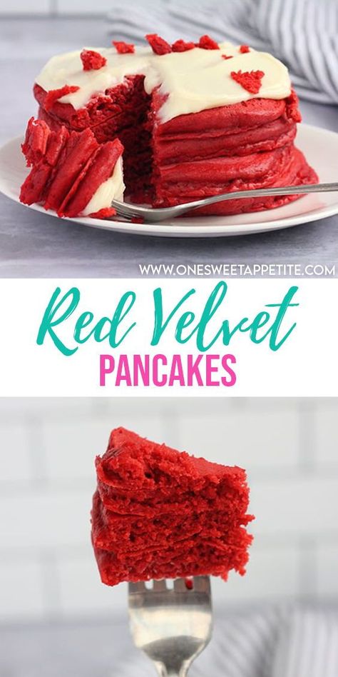 Red Velvet Pancake, Pancakes With Cream Cheese, Pancakes With Cream, Fun Pancakes, Red Velvet Pancakes, Flavored Pancakes, Valentines Breakfast, How To Make Red, Breakfast Sweets