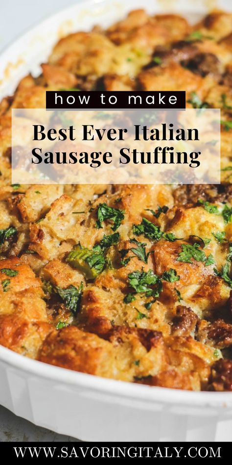 This is truly the Best Ever Italian Sausage Stuffing recipe. It is my mom’s decades old recipe that has been on our table every Thanksgiving. The stuffing includes sausage, onion, celery and fresh herbs. We love the crunchy top and the soft and buttery middle. A truly delicious and really easy stuffing to make for the holidays! A tried and true family favorite stuffing recipe! Sausage Stuffing Recipe Thanksgiving, Sausage Stuffing Thanksgiving, Italian Sausage Stuffing, Italian Thanksgiving, Homemade Stuffing Recipes, Best Stuffing Recipe, Turkey Stuffing Recipes, Sausage Stuffing Recipe, Thanksgiving Stuffing Recipes