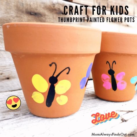 Love these adorable thumbprint art butterfly flower pots! Easy craft for kids to make! Perfect Mother's Day gift idea and Spring crafts. Directions at Mom Always Finds Out. Garden Crafts For Kids, Thumbprint Art, Fingerprint Crafts, Easy Mother's Day Crafts, Insect Crafts, Flower Pot Crafts, Spring Crafts For Kids, Summer Crafts For Kids, Painted Flower Pots