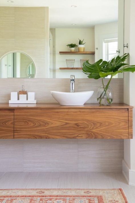 Bathroom Bowl Sink Ideas Wood Vanity, Bowl Sink Ideas, Bathroom Bowl Sink Ideas, Bathroom Bowl Sink, Floating Bathroom Shelves, Bathroom Bowl Sinks, Floating Sink Vanity, Floating Wood Vanity, Asian Bathroom