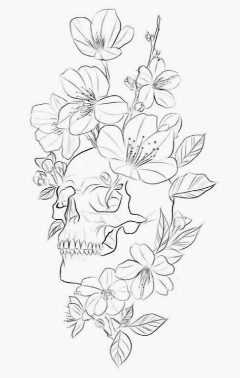 Line Art Skull Tattoo, Flowers And Skulls Tattoos, Skull Flower Tattoo Design, Skulls And Flowers Tattoos, Skull And Flower Tattoo Drawing, Flower And Skull Tattoos, Skull And Flower Drawing, Skull Tattoos With Flowers, Thigh Tattoo Stencil