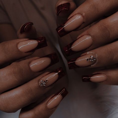 Cute Dark Red Nail Designs, Dark Feminine Aesthetic Nails, Nails With Burgundy Dress, Nails Acrylic Red French Tip, Nail Designs Red And Black, Nail Inspo For Dark Skin, Dark Nails Inspiration, Nails Acrylic Dark, Burgundy French Tip Nails