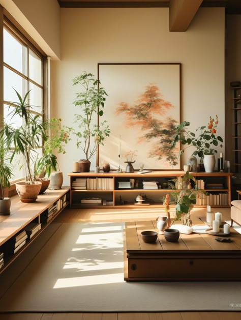 Minimal Boho Interior, Japandi Interior Plants, Japan Salon Design, Japanese Inspired Homes, Japandi Accent Wall, Japanese Interior Design Bedroom, Japanese Design Interior, Japan Interior Design Modern, Japanese Minimalism Interior