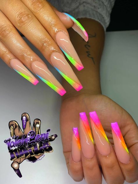 Neon Sparkly Nails, Neon Acrylic Nails Designs Bright Colors, Miami Nails Ideas Summer, Neon Coffin Acrylic Nails, Coffin Nails Designs Summer 2024, Neon Multicolor Nails, Hot Nails Trends 2022, Rainbow Stiletto Nails, Summer Nails Stiletto