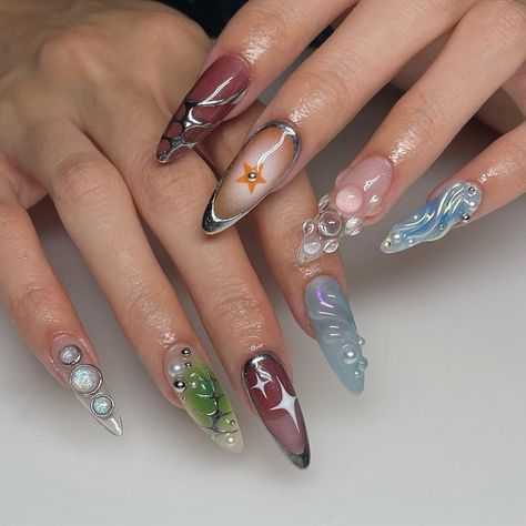 Editorial Nails, Nail Art Abstract, Bratz Nails, Acrylic Nails 3d, Press On Nails Blue, Long Almond Nails, Abstract Nails, Nails Fun, Nails 3d