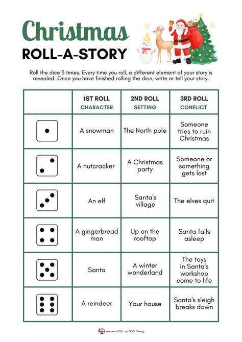 Are your students struggling to come up with stories in English? Not anymore with this fun Christmas roll-a-story! Fun Games For Toddlers, Roll A Story, School Age Activities, English Christmas, Fun Christmas Activities, Christmas Worksheets, Christmas Bookmarks, Teaching English Online, Library Activities