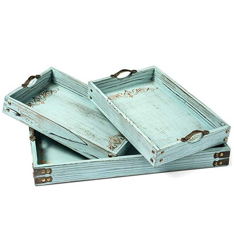 Bed Tray Decor, Blue Ottoman, Coastal Decorating Living Room, Vintage Serving Trays, Ottoman Decor, Diy Tray, Wooden Serving Trays, Serving Trays With Handles, Vintage Trays