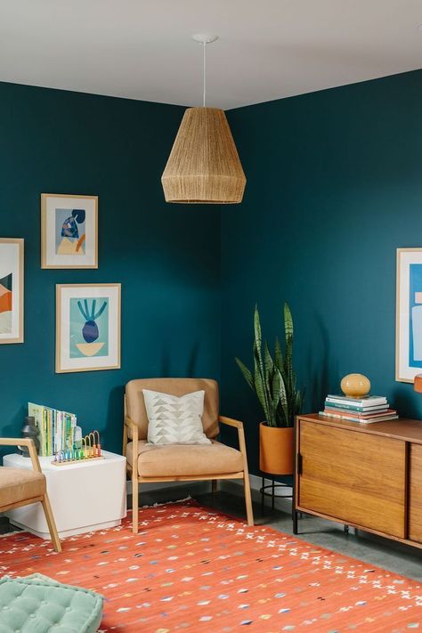 Modern Playroom, Mid Century Modern Bedroom, Teal Walls, Mid Century Living Room, Mid Century Modern Living, Mid Century Modern Living Room, Mid Century Modern Decor, Living Room Decor Modern, Decor Minimalist