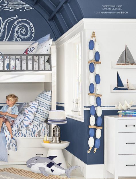 pottery barn kids Shark Themed Bedroom Boy Rooms, Pottery Barn Kids Bedroom, Shark Bedroom Boys, Boys Shark Bedroom, Boys Ocean Bedroom, Ocean Room Kids, Pottery Barn Boys Room, Shark Bedroom Ideas For Kids, Kids Ocean Bedroom