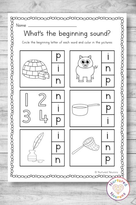 These beginning sounds worksheets are a lovely way to help practice and develop those early reading and pencil skills. This phonics activity covers the letters p, i, and n. They'll have to segment the word to find out the initial sound - then they can color the cute pictures! You can grab them over at Nurtured Neurons today! #phonics #phonicsworksheets #phonicslearning #phonicsactivity #preschool #kindergartenworksheets #phonicsgame #earlyyears #earlyreading #eyfs #satpin Satpin Worksheets Free, S A T I P N Worksheets, Satpin Phonics Worksheets, Satpin Activities Eyfs, Satpin Activities, Phonics Worksheets For Kindergarten, Initial Sounds Worksheets, Kindergarten Phonics Activities, Pencil Skills