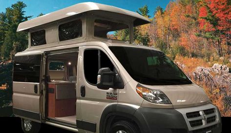 Dodge ProMaster camper van conversion with the exanded penthouse pop top and open sliding door. Promaster Conversion, Promaster Camper Van, Truck Bed Slide, Sprinter Passenger Van, Custom Camper Vans, Travel Camper, Van Lines, Dodge Van, Camper Van Conversion Diy