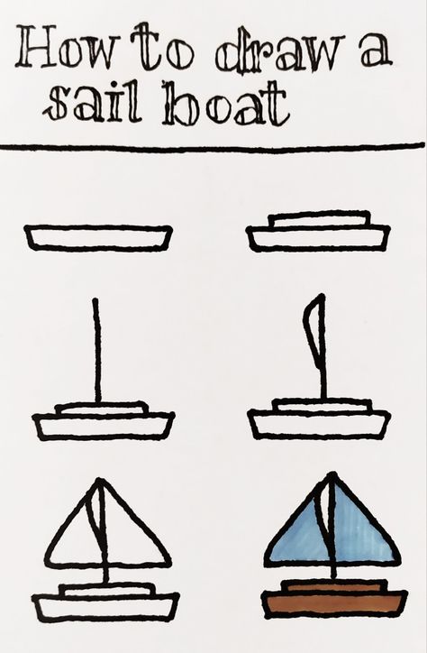 How to draw a sail boat, sail boat doodle, doodles, little tutorial, step by step, 6 steps, easy Boat Doodle, Journalist Ideas, Fun Things To Paint, Painting Jars, Doodles Step By Step, Paint Sketches, Diy Doodles, Things To Doodle, Grade 1 Art