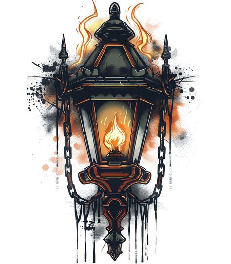 Tattoo Design of Old Street Lamp with Fire and Chains Gothic Lantern Tattoo, Lantern Tattoo Vintage, Lantern Tattoos, Old Street Lamp, Lantern Tattoo Design, Lamp Tattoo, Lantern Tattoo, Chain Tattoo, Christmas Window Painting