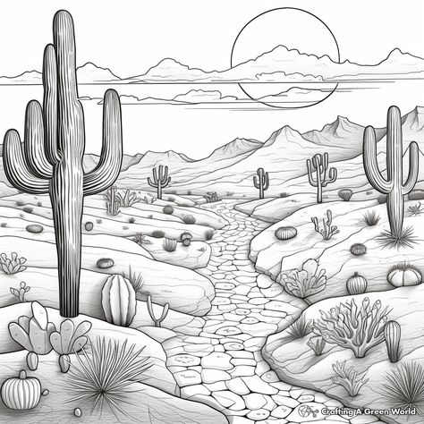 Desert Landscaping Drawing, Desert Road Drawing, Desert Sketch Drawing, Sunset Drawing Black And White, Saguaro Drawing, Desert Landscape Drawing, Sunset Coloring Pages, Desert Drawings, Desert Sketch