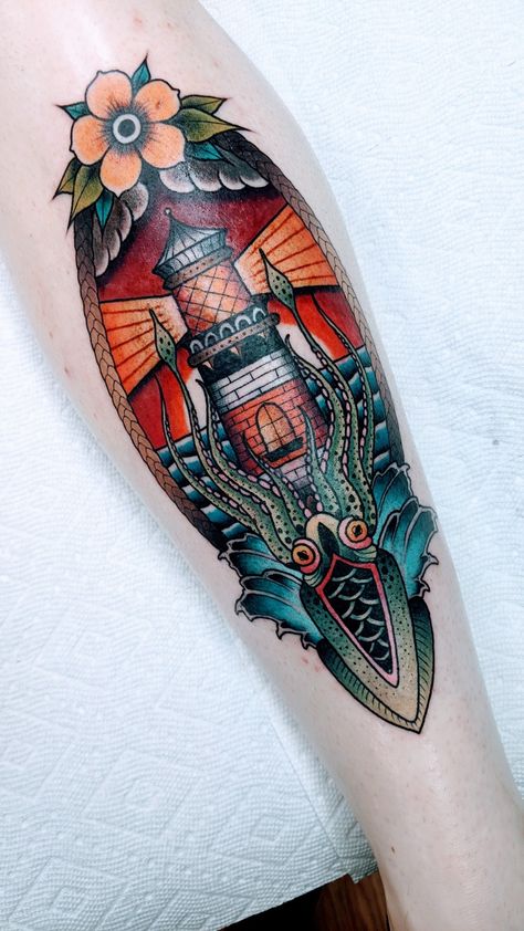 Shark Shin Tattoo, American Classic Tattoos, Neo American Traditional, American Tradional Tattoos, American Traditional Thigh Piece, Ocean Traditional Tattoo, American Traditional Octopus, Shin Tattoo Traditional, Kraken Lighthouse Tattoo