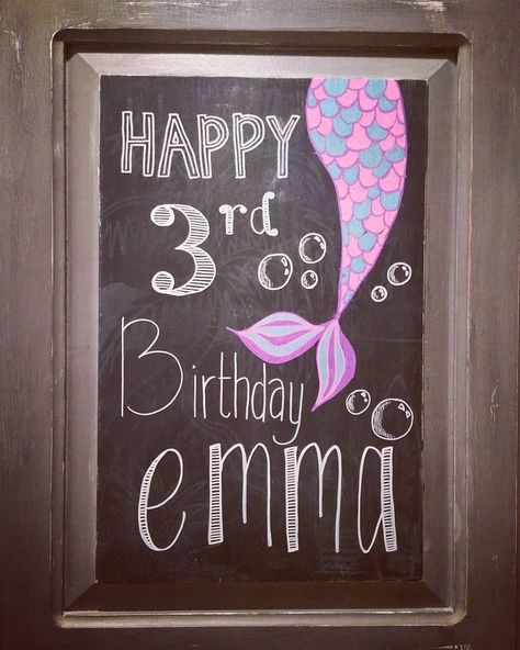 My "Mermaid Birthday" chalkboard #chalkboardart Mermaid Birthday Party Chalkboard, Mermaid Chalkboard Art Birthday, Mermaid Birthday Chalkboard Sign, Mermaid Birthday Sign Diy, Mermaid Birthday Sign, Mermaid Chalkboard Art, Mermaid Chalk Art, Birthday Chalkboard Ideas, Mermaid Chalkboard