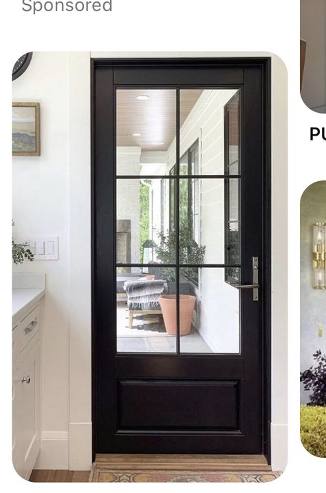 Pella Black French Doors, Black Single Patio Door, Black Doors And Windows, Entryway Glass Door, Black Glass Door Exterior, Glass Back Doors Exterior, Door To Garage Interior, Kitchen Door Ideas Entrance, Kitchen Doors To Outside