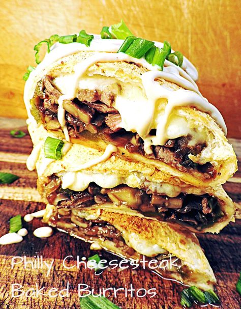 Philly Cheesesteak Baked Burritos Baked Burritos, Cheese Steak, Philly Cheese, Burritos Recipe, Tacos And Burritos, How To Cook Mushrooms, Philly Cheesesteak, Philly Cheese Steak, Stuffed Green Peppers