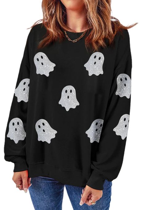 PRICES MAY VARY. Material: Polyester blend. Women's Halloween sequin sweatshirt made by quality fabric, lightweight, breathable, skin-friendly. Cute ghost graphic pullover tops, long sleeve crewneck sweatshirts, funny novelty Halloween shirt for women, pumpkin print sweatshirt pullover top. Features: Halloween sweatshirts for women, loose fit, round neck, oversized, Halloween pumpkin sweater top, drop shoulder, fall pumpkin Tshirt, casual long sleeve shirt tops. cute Halloween pullover, witchy s Ghost Pattern, Fall Pullover, Ghost Shirt, Halloween Looks, Halloween Sweatshirt, Long Sleeve Sweatshirt, Halloween Women, Black Glitter, Belleza Natural