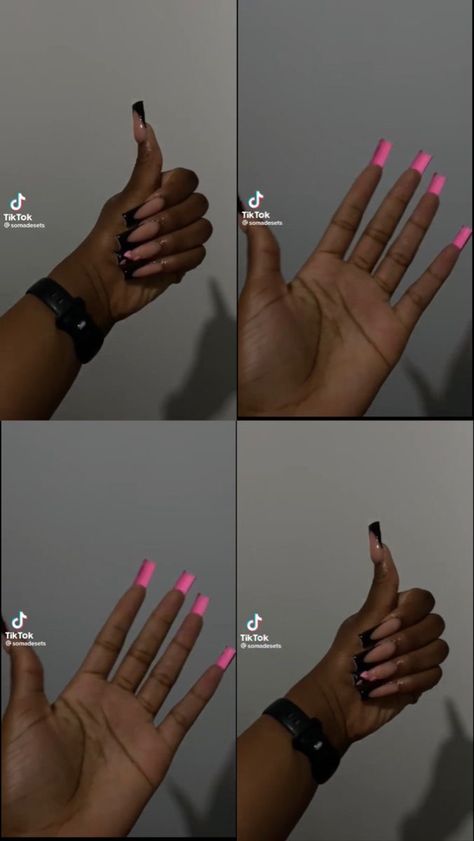 Nails With Pink Bottoms, Pink Bottom Nails, Black Frenchies, Tapered Square Nails, Black Acrylic Nails, Drip Nails, French Tip Acrylic Nails, Glow Nails, French Acrylic Nails