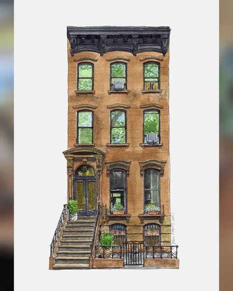 Phil Maltz on Instagram: "Finished the New York 'brownstone' commission this week, and it's now the third NYC tenement I've had the pleasure of painting. Love the tall narrow shape of these buildings, much like my favourite London town houses, and there's always a touch of green in the windows reflecting the many trees that are sprinkled around the city streets 😍🌳 ⁣ ⁣ ⁣ ⁣ ⁣ #watercolourart #global_sketchers #sketchwalker #sketchcollector #sketchartist #allofsketches #drawingpen #instadraw #art Nyc Brownstone, New York Drawing, New York Brownstone, Nyc House, Nyc Townhouse, Town House Architecture, Townhouse Exterior, New York Buildings, Town Houses