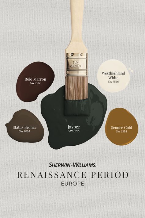 Bold sophistication meets revitalization in this European Renaissance palette. Perfect for an office or dining room, feel the inviting warmth as you enter the space. Tap this pin to order your FREE color chip samples. #sherwinwilliams #DIY #interiordesign #color #inspiration #paint #homeimprovement #homedecor #renaissance #Europe #vintage Spanish Style Interior Paint Colors, Nook Paint Ideas, English Hyacinth Benjamin Moore, Paint Colors That Go With Brass Fixtures, Bold Dining Room Paint Colors, Music Room Paint Colors, Sherwin Williams Carriage Door, Gold Wall Color Paint, Nutshell Sherwin Williams