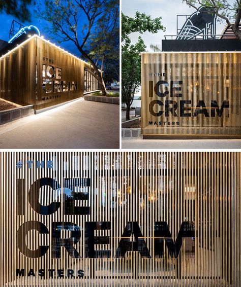 FERRO & ASSOC. Architects Have Designed A New Location Of Lucciano's Ice Cream Café In Argentina Cafe Signage, Ice Cream Store, Cafe Exterior, Restaurant Exterior, Storefront Design, Modern Cafe, Exterior Signage, Wood Ceramic, Kiosk Design