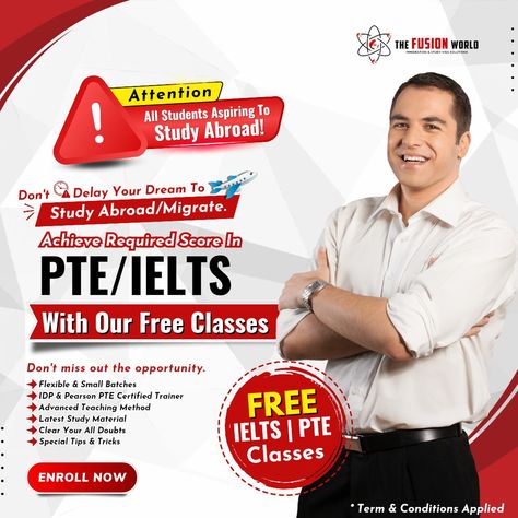 Attention All Students Aspiring To Study Abroad! Don't Dealy Your Dream To Study Abroad/Migrate. Achieve Required Score In PTE/IELTS With Our Free Classes. ✔️ Flexible & Small Batches ✔️ IDP & Pearson PTE Certified Trainer ✔️ Advanced Teaching Method ✔️ Latest Study Material ✔️ Clear Your All Doubts ✔️ Special Tips & Tricks Don't miss out the opportunity. Book your seat hurry up! Offer for limited time period! #freeielts #freepte #freeclasses #ieltsprep #pteprep #higherbandscore Free Classes, Study Material, Time Period, Study Materials, Tips Tricks, To Study, Study Abroad, Media Design, Small Batches