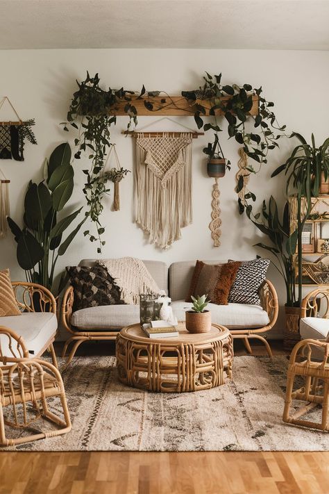 Boho Style Home Interior Design, Boho Jungle Living Room, Boho Waiting Area, Boho House Living Room, Apartamento Boho Chic, Tulum Condo, Boho Salon Ideas, Zen Den Ideas, Boho Wall Decor Ideas