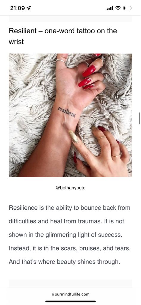 Resilience Tattoo, Strong Tattoos, Side Wrist Tattoos, Body Tattoo Design, Tiny Tattoos For Women, Small Quote Tattoos, Strength Tattoo, Tattoo Font, Small Hand Tattoos