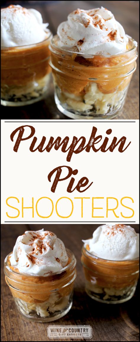 These 'personal pumpkin pies' are super easy to put together, making them perfect little desserts for fall parties and get-togethers. Pumpkin Pie Shooters Desserts, Pumpkin Pie Shooters, Pumpkin Shooters, Desert Shooters, Pie Shooters, Desserts For Fall, Small Plates Recipes, Desserts For Parties, Shot Glass Desserts