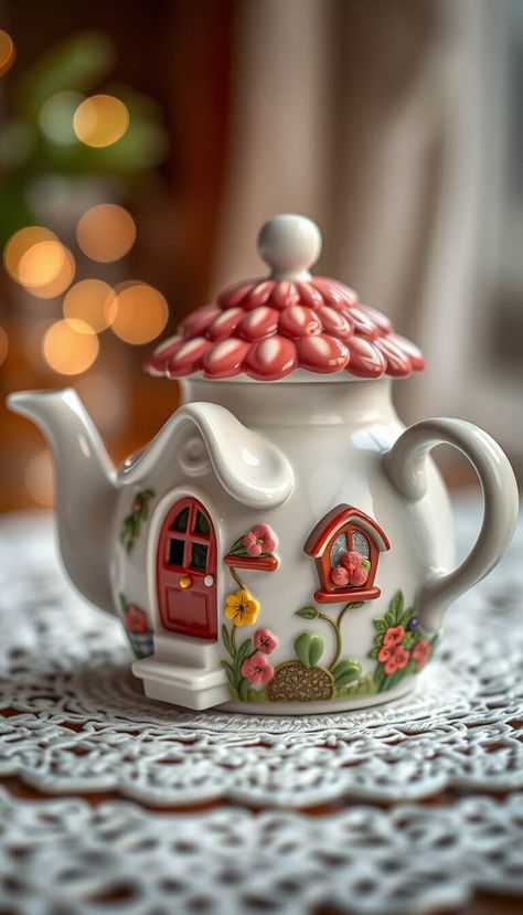 adorable porcelain cozy cottage teapot - AI creation Tea Pot Clay Ideas, Tea Pots Unique, Cottage Teapot, Teapot House, House Teapot, Tea Cosy Crochet, Teapot Crafts, Teapot Decor, Art Deco Artwork