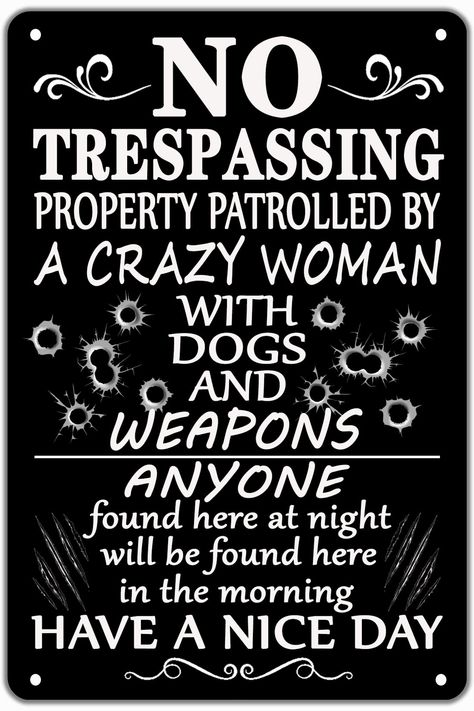 PRICES MAY VARY. Hard to Ignore Warning Sign: No trespassing signs for house uses industry-leading UV printing, ink It has a good luster appearance. The highly visible and vibrant black&white color design and legible letters will definitely to warn intruders think twice before entering your property. High Quality Warning sign: No trespassing beware of dog & gun sign, made of strong metal. UV Printing surface (UV-Protected, Waterproof, Dust-proof, Fade-resistant). Funny design with bullet hole & Trespassing Signs, Dog Warning Signs, Funny Bar Signs, No Trespassing Signs, No Trespassing, No Soliciting, Beware Of Dog, Quotes Inspirational Positive, Private Property