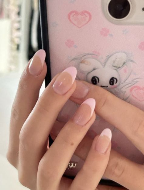 Light Pink Nails With Design Simple, Short Almond Nail French Tip, Cute Pink French Tips, Nail Design Inspo Almond, Acrylic Nails For Kids 10-12 Short French Tips, Almond French Nails Pink, Nail French Tip Pink, Light Pink French Tip Almond, Baby Pink Tip Nails