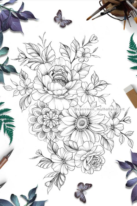 Womens Sleeve Tattoo Peony, Peonies And Sunflowers Tattoo, Floral Background Tattoo Design, Mandala Peony Tattoo Design, Mandela Tattoo With Flowers, Sunflower Floral Tattoo Design, Peony Sunflower Tattoo, Fine Line Flower Tattoo Thigh, Mandela Flowers Tattoo Design