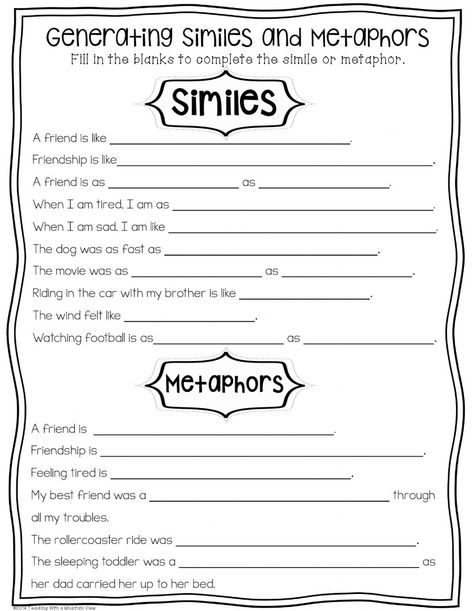 Ejercicio de Similes & Metaphors Metaphor Worksheet, Writing Metaphors, What Is A Metaphor, Simile Vs Metaphor, Simile And Metaphor, Simile Worksheet, Similes And Metaphors, Figurative Language, Educational Worksheets