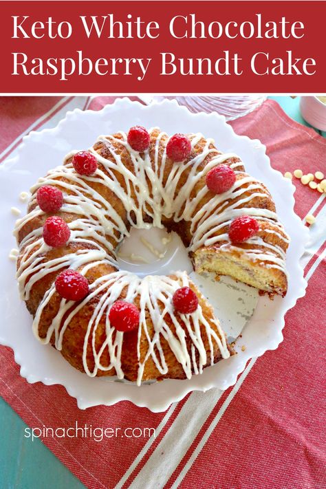 Keto White Chocolate Raspberry Bundt Pan with Tips on how to make a bundt cake that doesn't stick. #ketoraspberrywhitechocolatebundt #ketobundt #ketocake #ketodessert #glutenfree #paleo #swerve #choczero #sugarfreewhitechocolate White Chocolate Raspberry Bundt Cake, Chocolate Raspberry Bundt Cake, Raspberry Bundt Cake, Keto White Chocolate, Keto Bakery, Cheesecake Ideas, White Chocolate Raspberry Cake, Sugar Free White Chocolate, Brownie Ideas