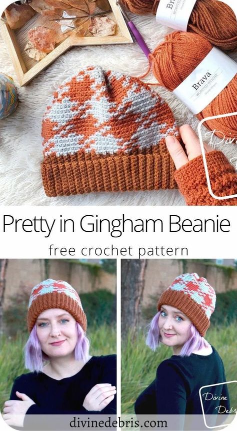 Check out the eye-catching, fun, and customizable tapestry design, the Pretty in Gingham Beanie free crochet pattern by DivineDebris.com Tapestry Crochet Beanie, Tapestry Crochet Hat Patterns Free, Cute Crochet Beanie Pattern Free, Crochet Checkered Hat Pattern, Checkered Crochet Beanie Pattern, Free Beanie Crochet Pattern, Crochet Color Work, Checkered Crochet Beanie, Plaid Beanie Crochet Pattern