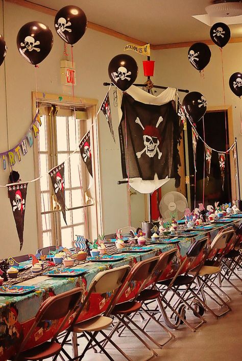 pirate ship table for kids party | Finished Table - Pirate Party Table Pirate, Pirate Party Tables, Kids Pirate Party, Adventure Birthday Party, Pirate Party Decorations, Pirate Themed Birthday Party, Caribbean Party, Pirate Themed Birthday, Pirate Decor