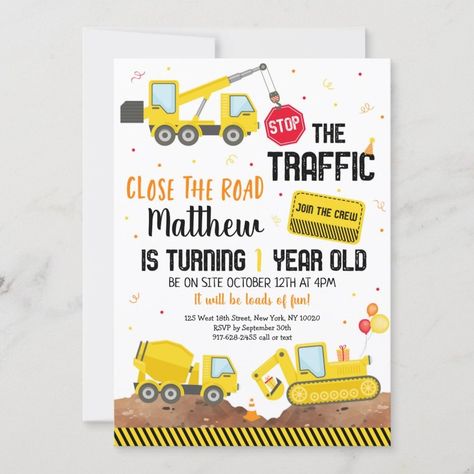 Construction Dump Truck Digger First Birthday Invitation  Zazzle Digger Birthday, Construction Theme Party, Construction Birthday Party, Construction Birthday Parties, Construction Theme, Construction Birthday, 3rd Birthday Party, First Birthday Invitations, Create Your Own Invitations