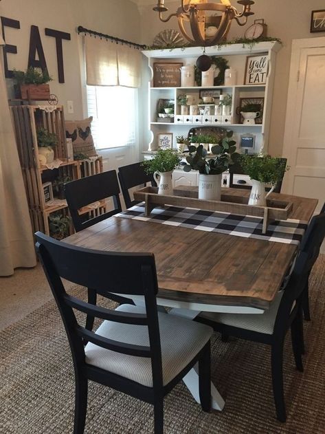 Stylish 30+ Rustic Farmhouse Dining Room Design Ideas Farmstyle Dining Room Ideas, Farmhouse Tables Dining Room, Buffalo Check Kitchen Decorating Ideas, Dark Farmhouse Table, Black And Wood Kitchen Table, Farmstyle Dining Table, Black And White Checkered Kitchen, Dark Wood Kitchen Table, Dark Kitchen Table