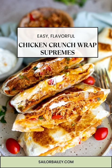 Chicken Crunch Wrap Supremes are the ultimate FUN dinner. Loaded with veggies and shredded, flavorful chicken in every bite. via @sailor_bailey Shredded Chicken Crunch Wrap, Bbq Chicken Crunch Wrap, Crunch Wrap Chicken, Mexican Chicken Wrap, Shredded Chicken Burrito Recipe, Shredded Chicken Wrap Recipes, Rotisserie Chicken Wrap Recipes, Chicken Crunch Wrap Supreme, Shredded Chicken Dinner Ideas