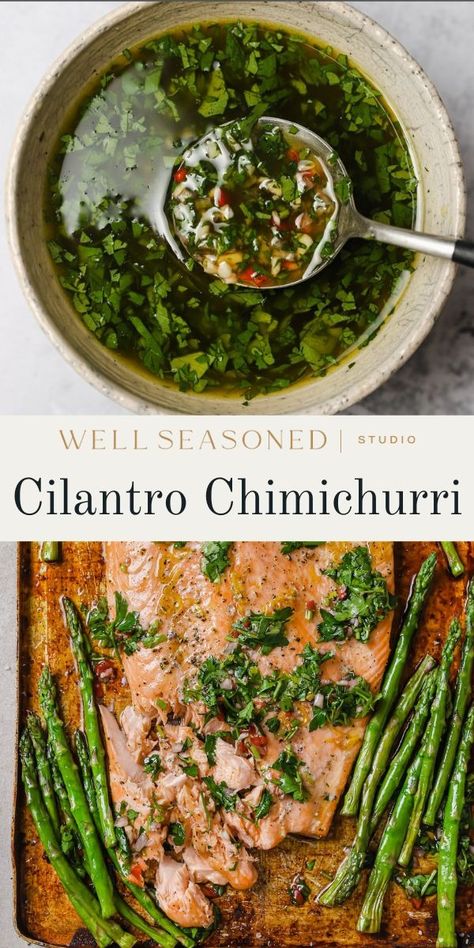 Cilantro Chimichurri is a fresh, vibrant herb sauce made with cilantro, parsley, garlic, olive oil, and vinegar. It's a popular condiment in Argentina and Uruguay, where it is used to season grilled meats, vegetables, and seafood -- we love it over grilled or roasted salmon! Chimichurri can also be used as a dipping sauce or as a marinade. GF, DF, Vegan Salmon Chimichurri, Chimichurri Salmon, Cilantro Chimichurri, Cilantro Parsley, Homemade Seasoning, Chimichurri Recipe, Seasoned Veggies, Grilled Meats, Herb Sauce