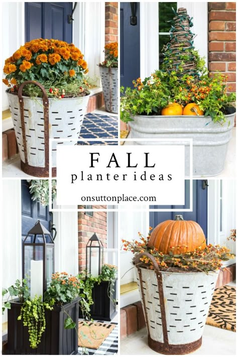 Easy front porch ideas for fall: inspiration for budget-friendly fall planters with mums and other autumn decor, including pumpkins, gourds and more. #fall #falldecor #falldecorideas #fallplanters #frontporch #mums #autumn #firstdayoffall Mums Front Porch Fall Displays Modern, Fall Winter Outdoor Planter Ideas, Late Fall Planters, Fall Landscaping Ideas Front Yards, Fall Front Porch Decor Pots & Planters, Fall Front Porch Decor Fake Flowers, Fall Porch Plant, Front Porch Planters Fall, Fall Plantar Ideas