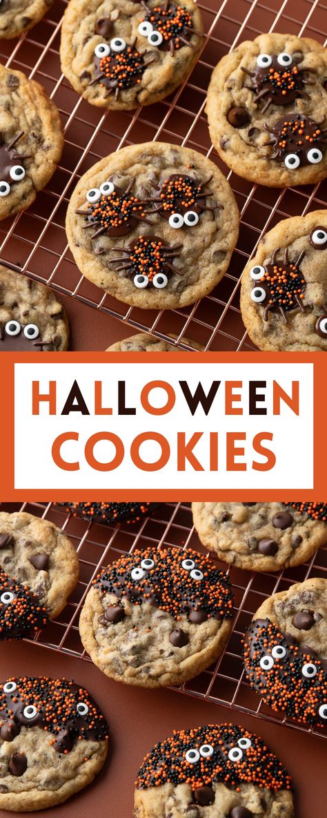 halloween cookies with sprinkles, eyeballs, and spiders Halloween Chocolate Chip Cookies, Cookies With Sprinkles, Chocolate Spiders, Viral Recipes, Candy Eyeballs, Dipped Cookies, Best Cocktail Recipes, Party Dishes, Delicious Cookie Recipes