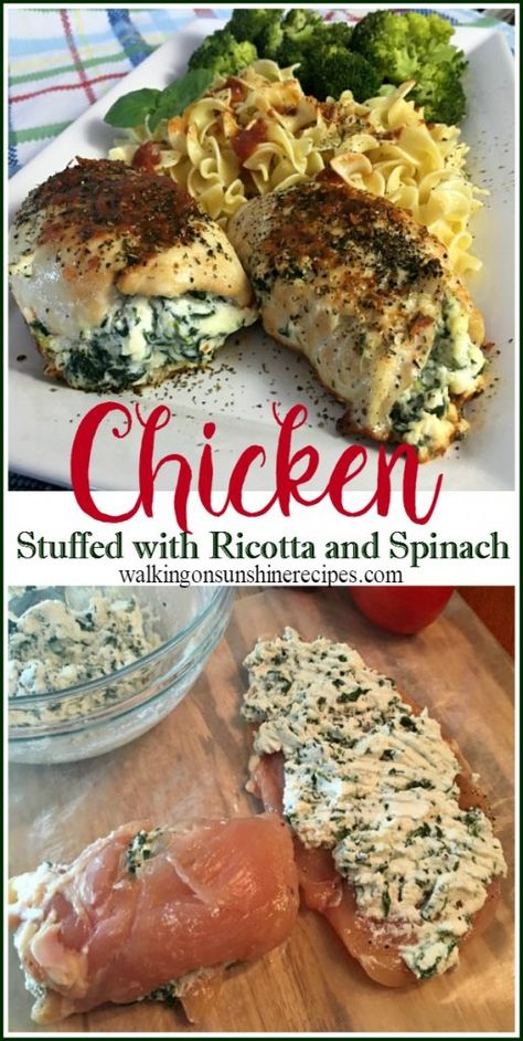 Chicken stuffed with ricotta and spinach makes a beautiful presentation for your family and friends from Walking on Sunshine Recipes. Ricotta Cheese Chicken, Chicken Helper, Ricotta Stuffed Chicken, Spinach Recipe, Chicken Stuffed, Walking On Sunshine, Dinner Entrees, Spinach Recipes, Best Chicken