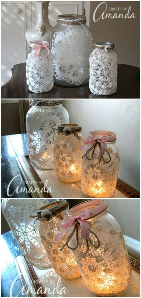 Lace Jar Candles Mason Jar Crafts With Lights, Decorating Lanterns For Christmas, Doily Luminaries, Mason Jar Lanterns Diy, Mason Jar Decorating Ideas, Diy Containers, Diy Chandeliers, Old Fashioned Decor, Lace Jars