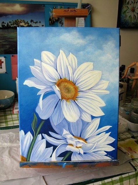 Flowers Painting Simple, Painting Simple, Daisy Painting, Acrylic Painting For Beginners, Acrylic Painting Techniques, Acrylic Painting Tutorials, Simple Acrylic Paintings, Beginner Painting, Art Painting Acrylic